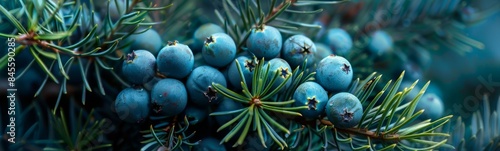 A close-up scene of juniper berries and needles. The berries are ripe, blue, each of which has its own size. The juniper needles are sharp and green, forming a dense, intricate pattern around the berr photo