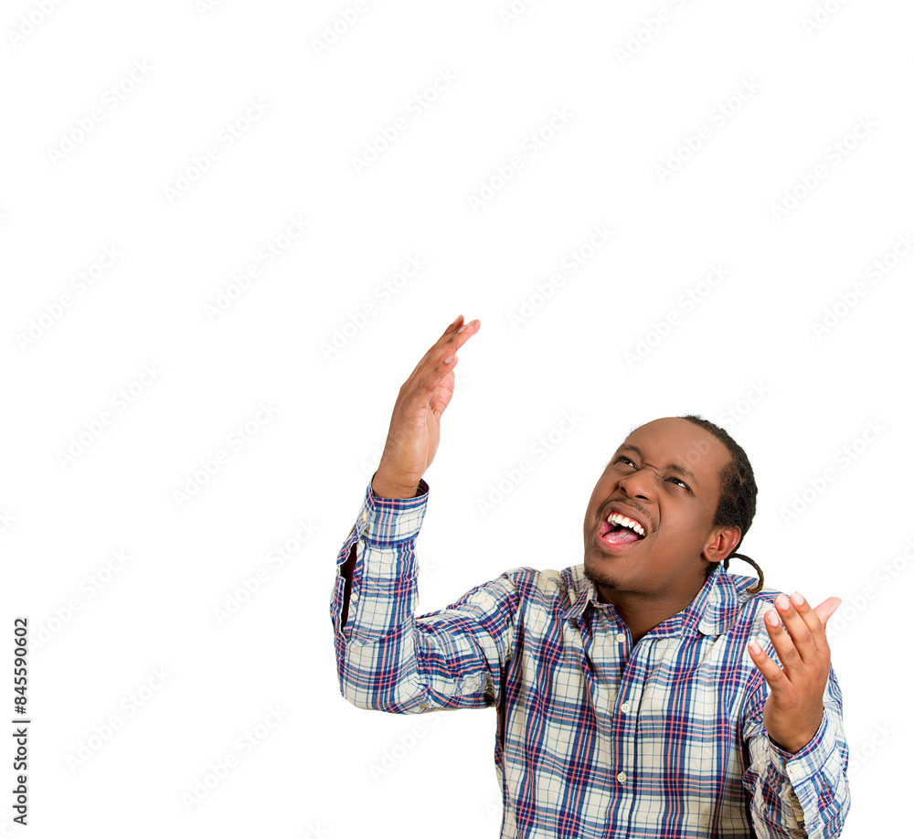 Closeup portrait of a young angry unhappy, stressed man looking up, screaming to stop making loud noise ,isolated on white background. Closeup portrait of a young angry unhappy, stressed man looking up, screaming to stop making loud noise ,isolated on white background.