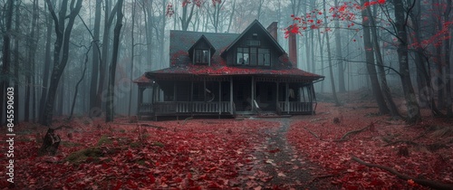 Foggy Forest Cabin With Red Leaves on a Dark Day