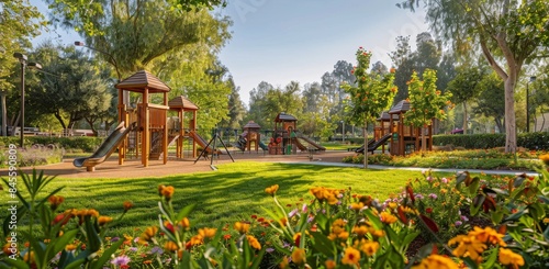 Wooden Playground Structures in a Lush Green Park During the Day