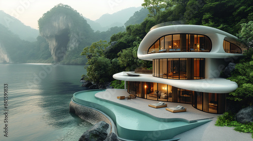 a modern curved house with tall windows, with a pool overlapping onto the ocean, with shores around the house with a lush mountain behind with hidden paths, photography instagram. photo