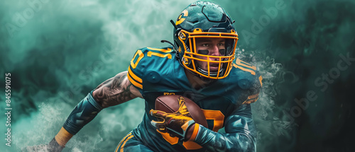 American Football Player Running Through Green Smoke