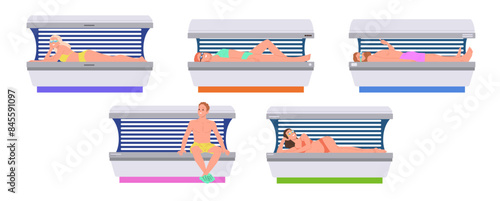 Different people cartoon characters enjoying solarium procedure isolated set on white background