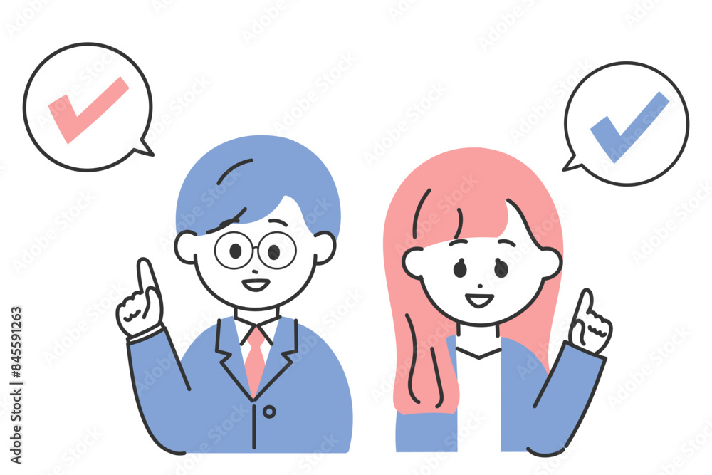 タスク完了のポーズをしているスーツの男女のイラスト