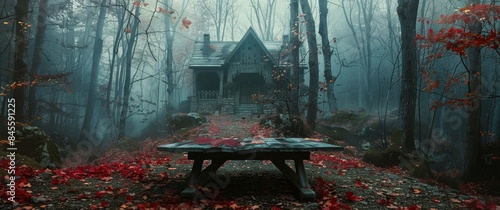 Foggy Forest Cabin With Red Leaves on a Dark Day