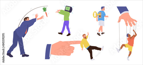 Control and manipulation of people by puppet master or mass media isolated set on white background