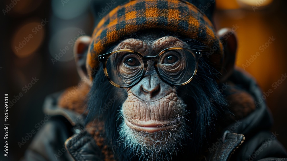 chimpanzee monkey, with glasses and dressed in a patterned cloth on his head, topped with an old hat. Rendered in warm, endearing character captivates with its lifelike detail. chimpanzee monkey, with glasses and dressed in a patterned cloth on his head, topped with an old hat. Rendered in warm, endearing character captivates with its lifelike detail.