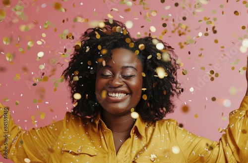 Happy Woman Celebrating With Confetti in Front of Pink Background