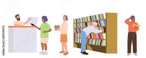People cartoon characters choosing books for studying and preparing for examination in library