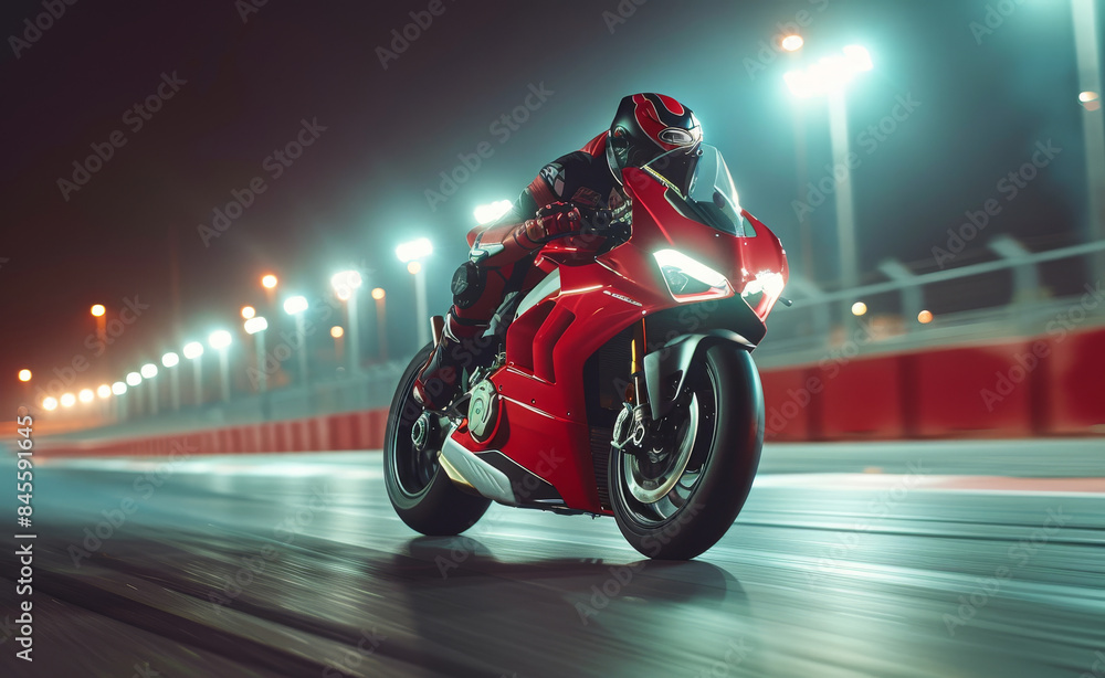 Fototapeta premium Red Motorcycle Racing on a Track at Night