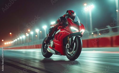 Red Motorcycle Racing on a Track at Night © olegganko