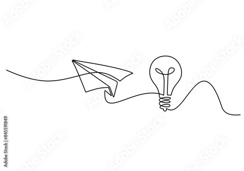 Paper plane craft with light bulb in continuous line drawing. Vector illustration minimalist design.