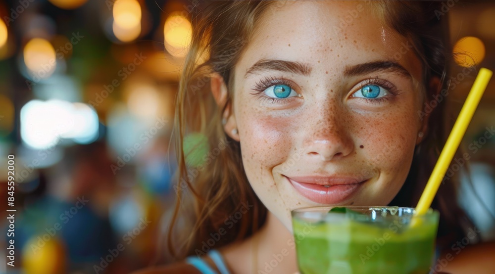 Woman Smiling and Enjoying a Refreshing Green Smoothie at a Cafe Woman Smiling and Enjoying a Refreshing Green Smoothie at a Cafe