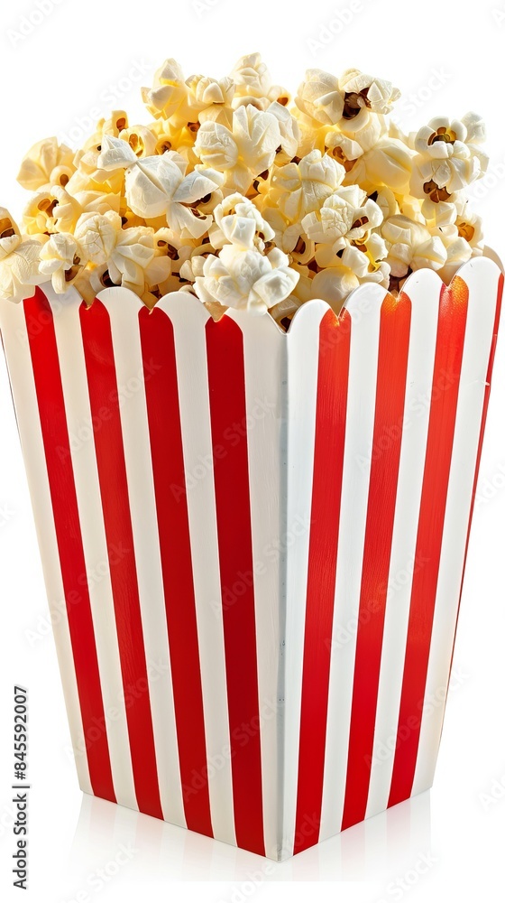 Popcorn in red and white striped box, close-up shot. Snacks and movie time concept Popcorn in red and white striped box, close-up shot. Snacks and movie time concept