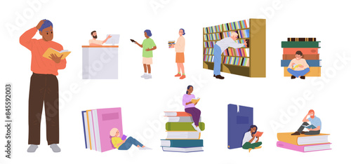 Diverse people literature fans, happy readers cartoon characters with book in library or bookstore