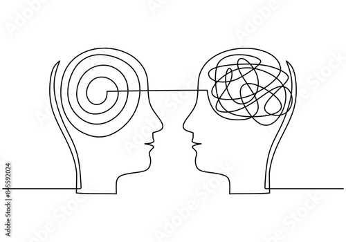 Two heads with opposite thinking symbol. Mental and psychology problems minimalist design hand drawn