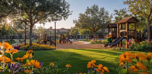 Colorful Playground With Wooden Structures and a Winding Path Surrounded by G...