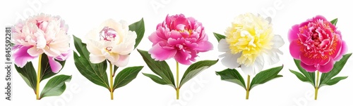 Set of Beautiful Peony Flowers on White Background  