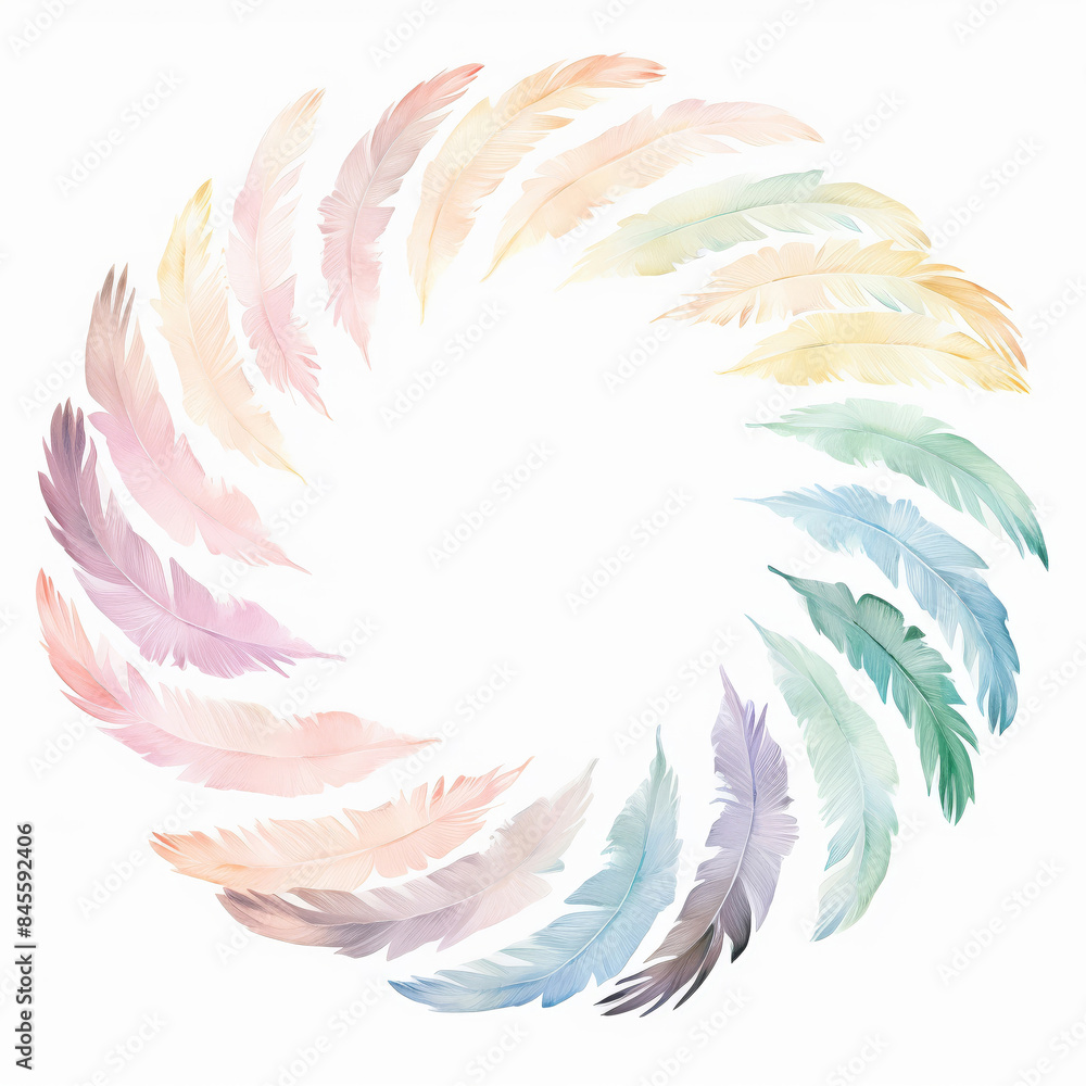 A beautiful watercolor wreath made of delicate pastel feathers arranged in a circular pattern, showcasing lightness and elegance. A beautiful watercolor wreath made of delicate pastel feathers arranged in a circular pattern, showcasing lightness and elegance.