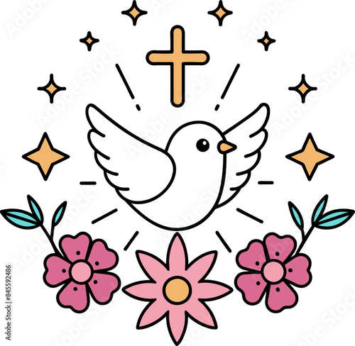 Holy Spirit dove with flowers and rays of light, line art, minimalist design, 