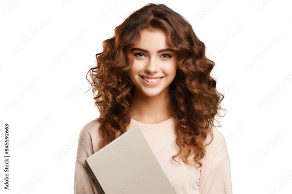 Portrait of smiling smart teenage girl holding book, education concept, isolated on transparent background Portrait of smiling smart teenage girl holding book, education concept, isolated on transparent background