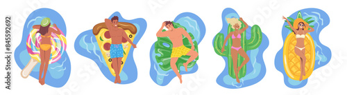 Diverse happy people cartoon characters swimming in pool view from above isolated on white