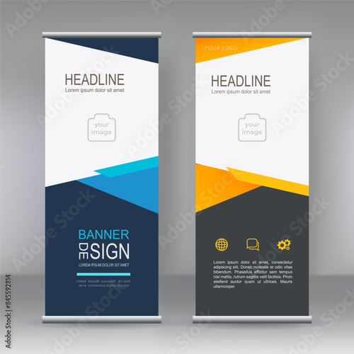 Vertical banner stand template design, vector abstract geometric background, modern x-banner and flag-banner advertising design element