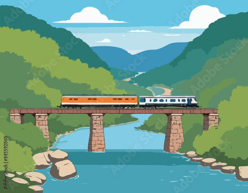 Voyager en train à travers le paysage naturel. Vieux pont en briques et rivière, transport et tourisme. Moyens de navettage. Dessin animé plat, illustration vectorielle