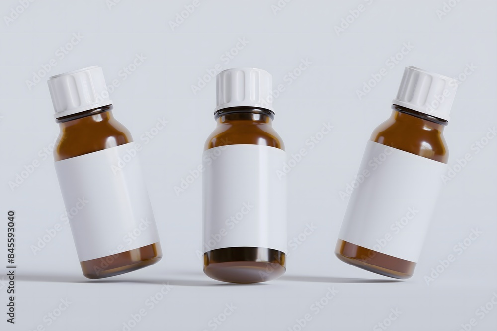 Packaging bottle brown color and white blank label for medicine, pill or supplement, cosmetic, chemical and etc on white background Packaging bottle brown color and white blank label for medicine, pill or supplement, cosmetic, chemical and etc on white background