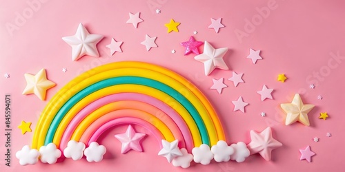 Bright colorful holiday background with golden stars and rainbow on top. AI generated