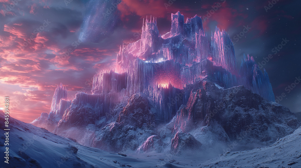 A castle made of ice and snow, located at the foot of a snow-capped mountain. It's snowing in the sky, and there's an aurora floating in the sky. Ultra-high definition picture, clear details,ultro rea A castle made of ice and snow, located at the foot of a snow-capped mountain. It's snowing in the sky, and there's an aurora floating in the sky. Ultra-high definition picture, clear details,ultro rea