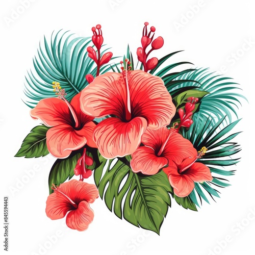 Elegant Palm Fronds and Tropical Blossoms on White Canvas