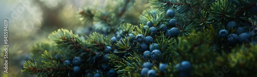 A close-up scene of juniper berries and needles. The berries are ripe, blue, each of which has its own size. The juniper needles are sharp and green, forming a dense, intricate pattern around the berr photo