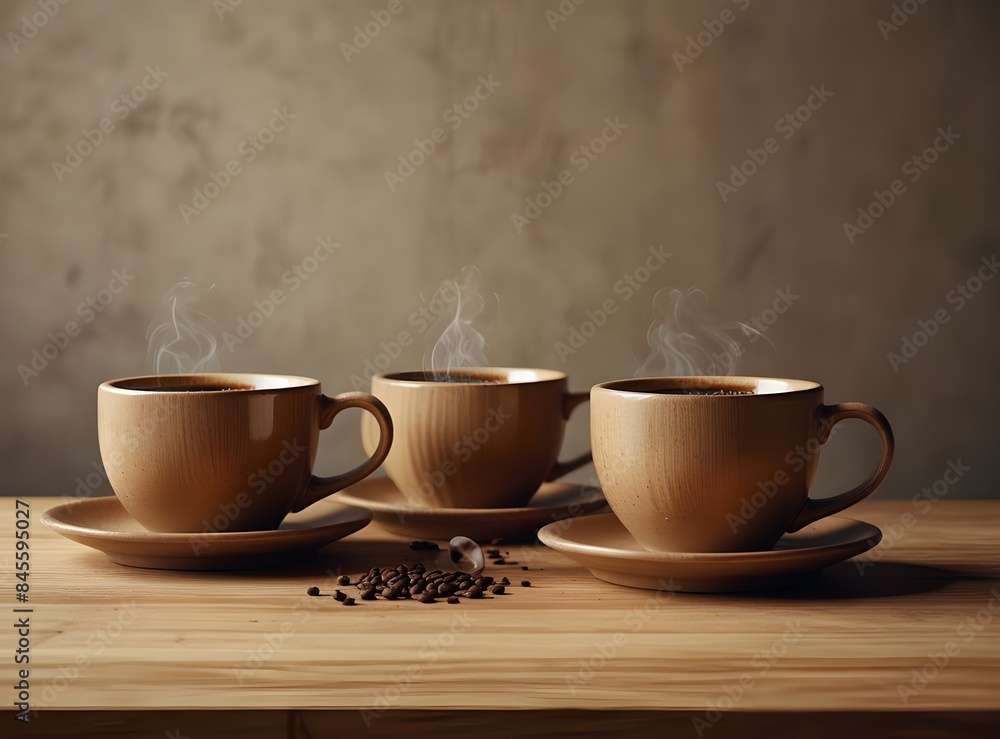 two cups of coffee on wooden table isolated on light background two cups of coffee on wooden table isolated on light background