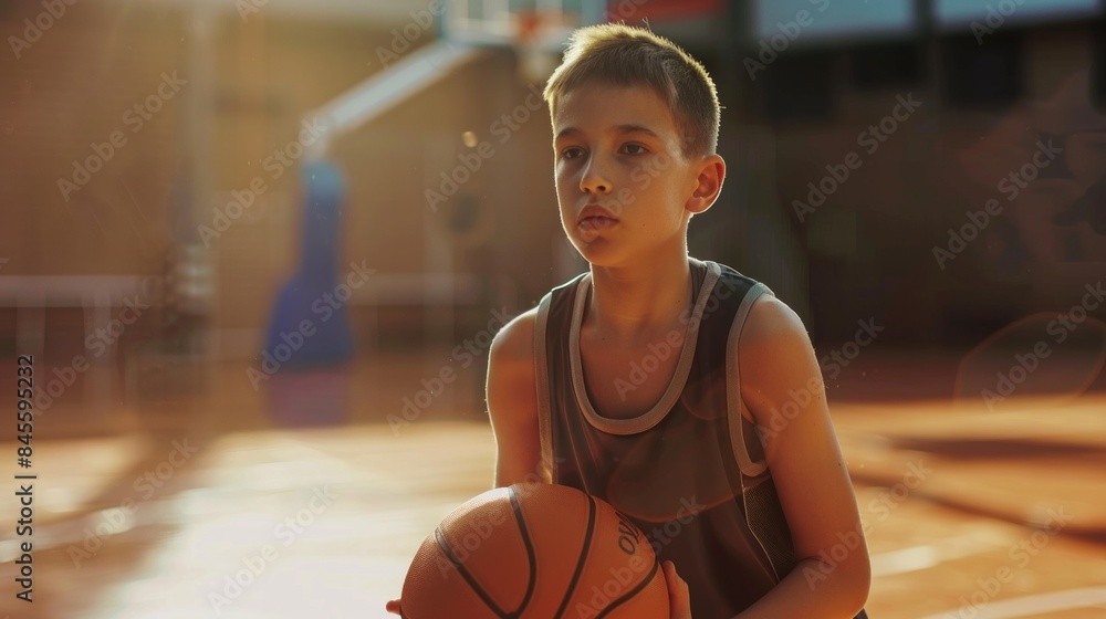 Boy with a basketball leaning against school gym Boy with a basketball leaning against school gym