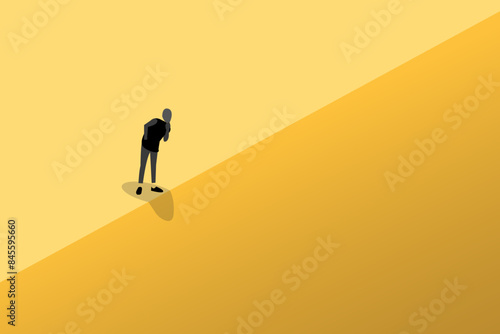 Businessman on top looking down from building. Business crisis, depression or burnout syndrome vector concept. Symbol of stress, recession