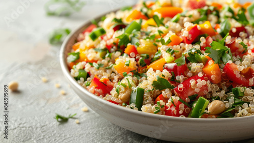 Bowl of colorful quinoa salad with vegetables and fresh parsley.