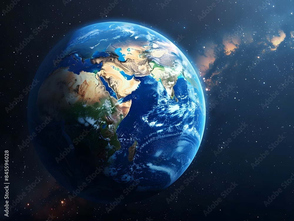 Obraz premium Galactic Sunrise: Earth and the Cosmos Illuminated by the Rising Sun.. Panoramic view of the Earth, sun, star and galaxy. Sunrise over planet Earth, view from space