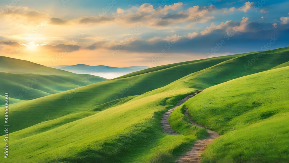 Fototapeta premium Tranquil Path Through Green Valley on Rolling Hills