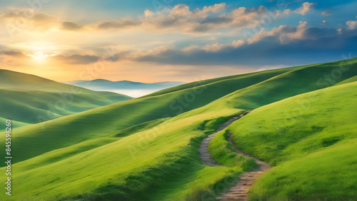 Tranquil Path Through Green Valley on Rolling Hills