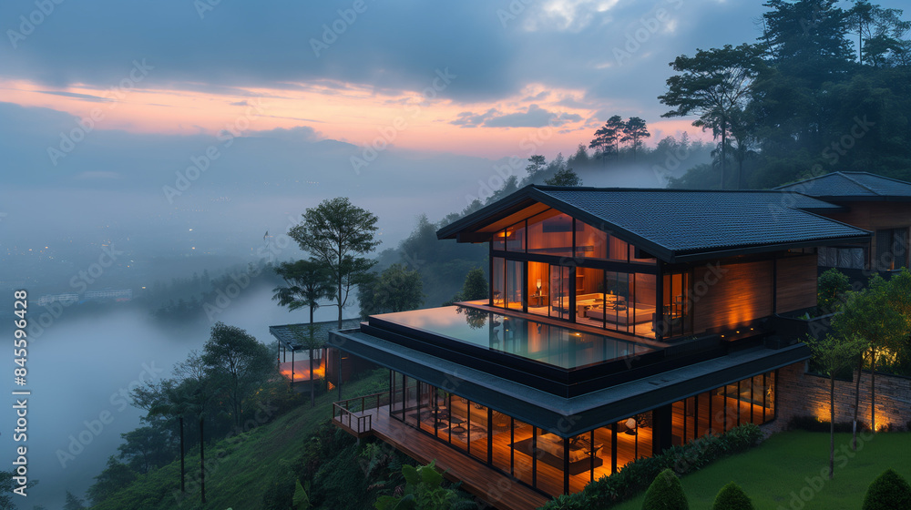 Fototapeta premium Soft morning light, small house, minimalist style, on a mountain, with a sea of ​​mist, overlooking the city in the morning.