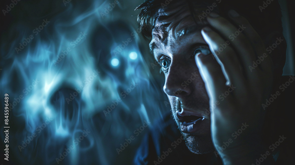 Fototapeta premium Adult male suffering from a nightmare, looking worried with ghostly shadows