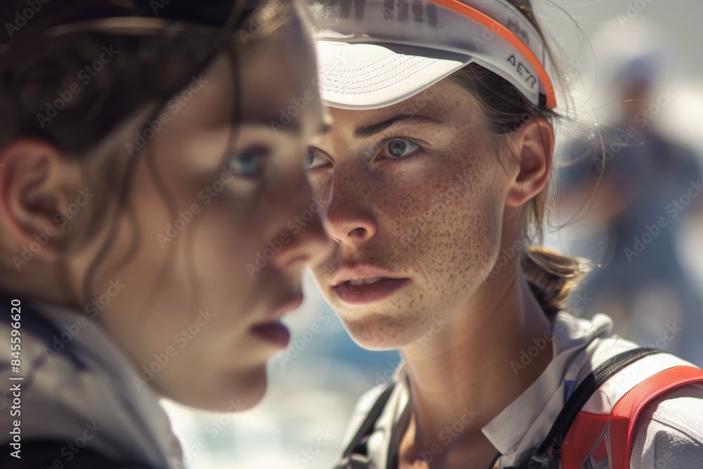 Modern Pentathlete Receiving Last-Minute Coaching Advice Before Event: Focused and Serious Expressions Modern Pentathlete Receiving Last-Minute Coaching Advice Before Event: Focused and Serious Expressions