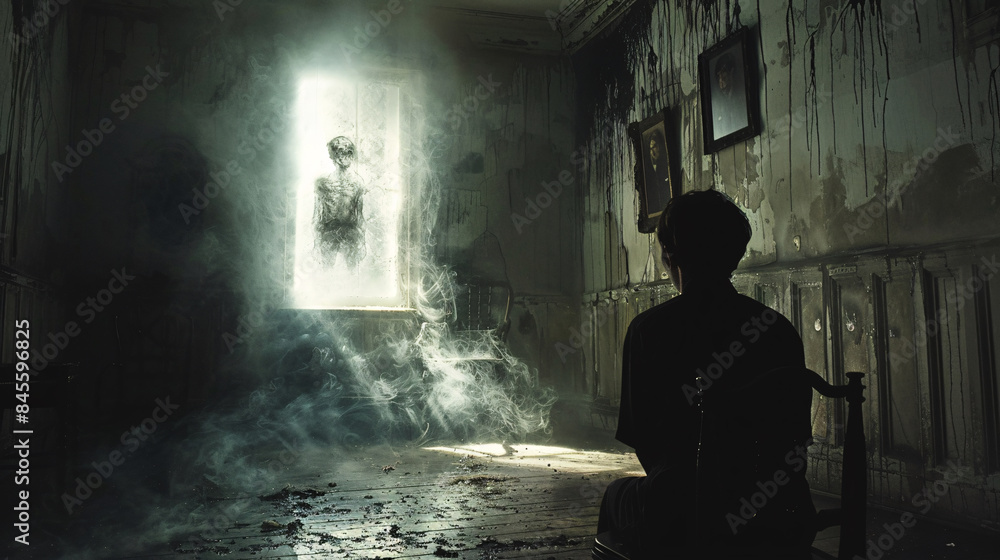 Adult sitting in a dark room, haunted by shadowy figures on the wall