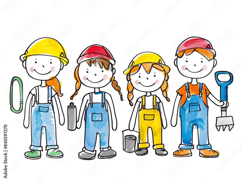 Children's illustration in stickman style about construction workers isolated on white background.
Children's illustration in stickman style about construction workers isolated on white background.