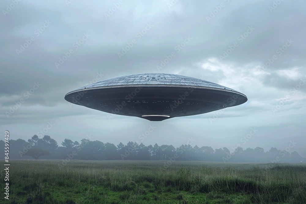 Fototapeta premium UFO flying over the meadow in the mist.