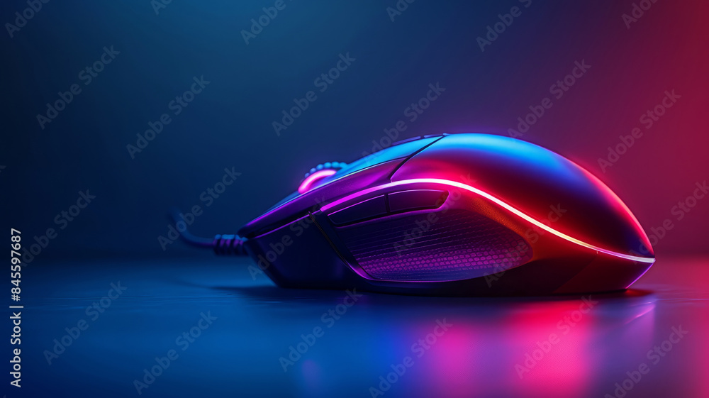 A gaming mouse with RGB lighting on a dark surface. A gaming mouse with RGB lighting on a dark surface.
