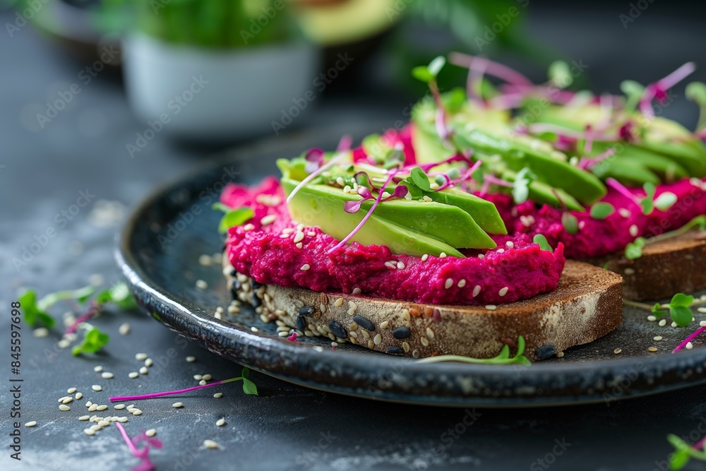Vibrant beetroot spread on toast with avocado slices and microgreens, a healthy breakfast option Vibrant beetroot spread on toast with avocado slices and microgreens, a healthy breakfast option