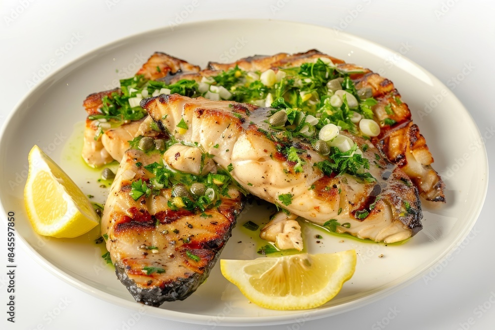 Elegant Caesar-Roasted Swordfish with Zesty Lemon Garnish Elegant Caesar-Roasted Swordfish with Zesty Lemon Garnish