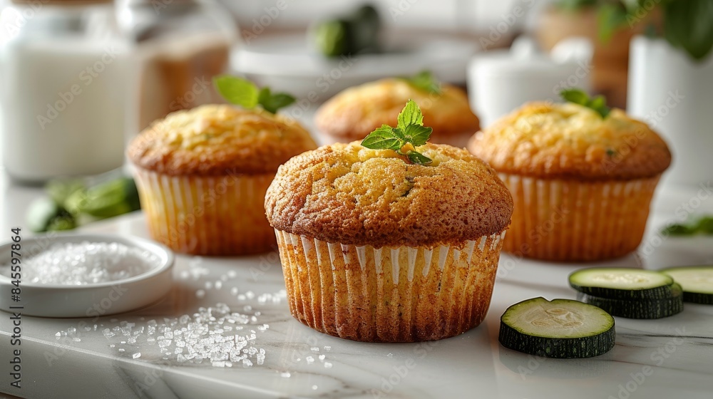A realistic image of zucchini muffins. In a white marble kitchen. A realistic image of zucchini muffins. In a white marble kitchen.